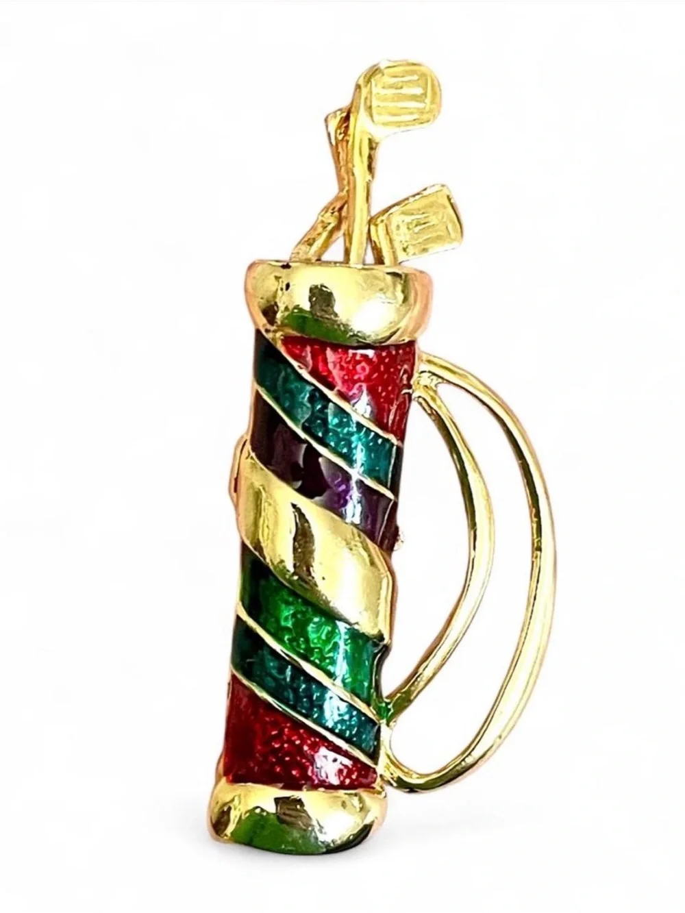 Vintage Enamel Kinetic Golf Bag Brooch Pin Red Green Gold Articulated Club Retro
